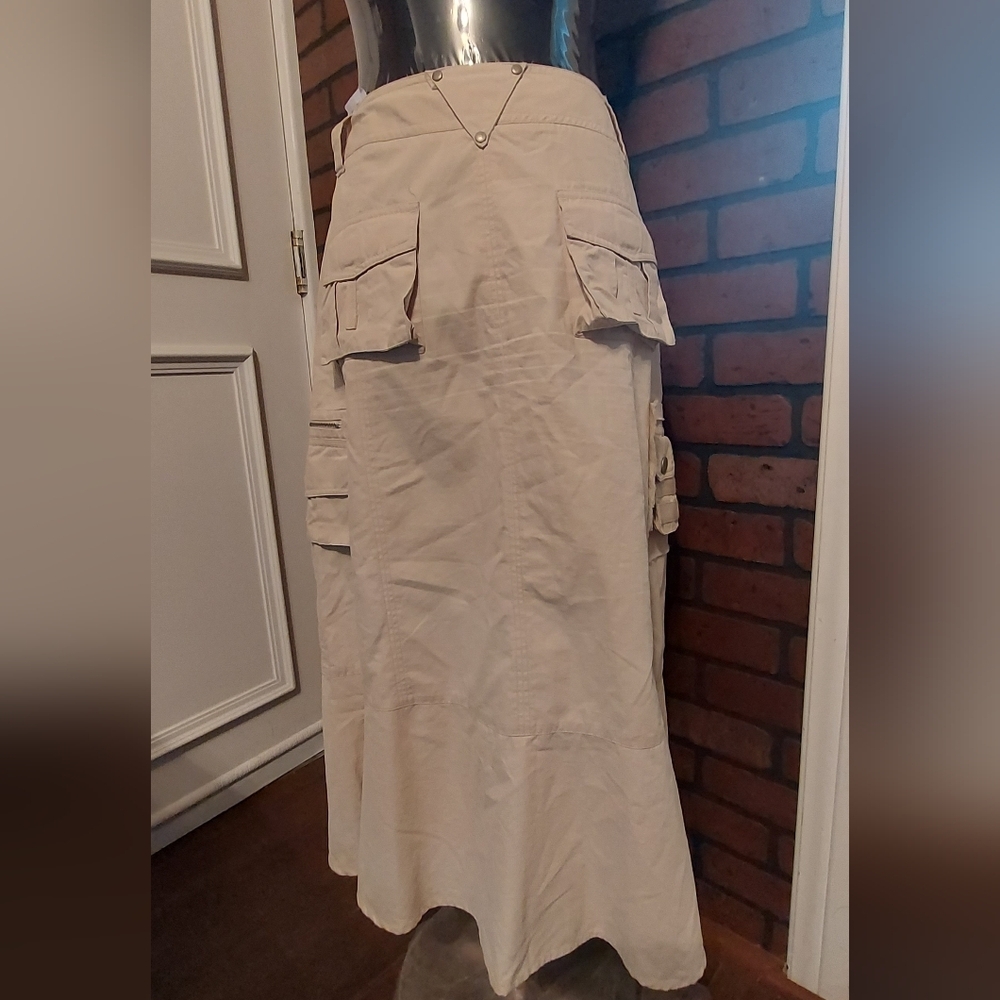 Y2K Utility Cargo Midi Skirt Cream Cotton Ruched Hem Deane White Sz 4 - Picture 6 of 13